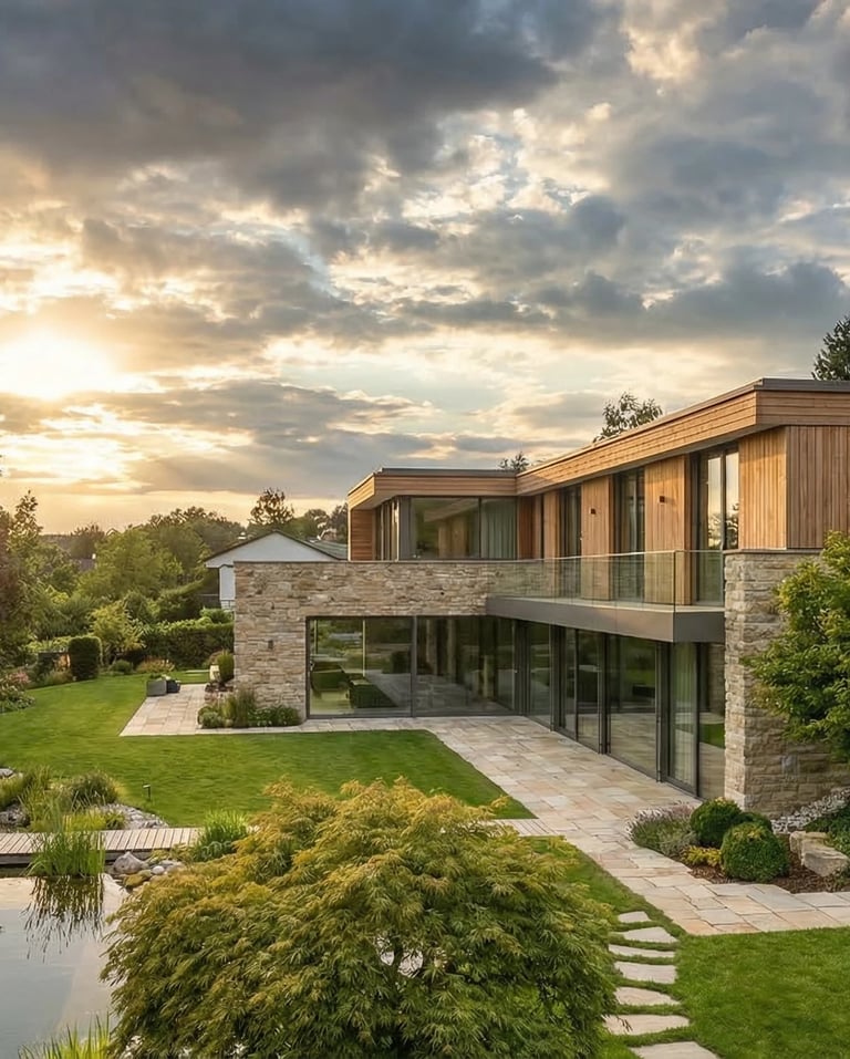 Modern luxury home with stone and wood exterior featuring a landscaped garden