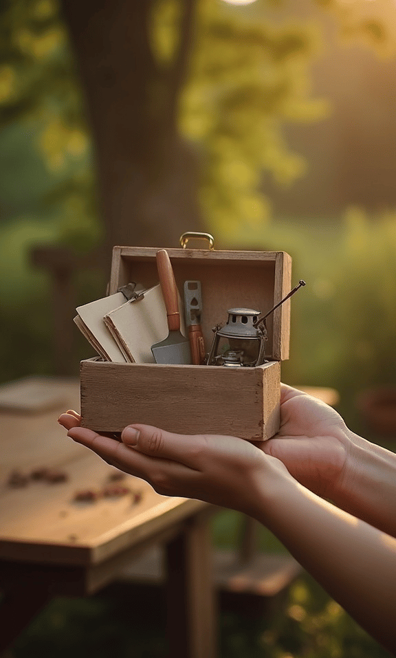 Caja de madera conteniendo herramientas de trabajo siendo entregada en mano a los Servidores