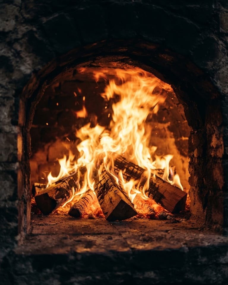 Fuego del horno de piedra en primer plano, llamas intensas y brillantes, con el interior oscuro del horno alrededor, luz cálida dramática.