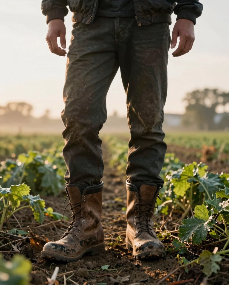 A photographer wearing muddy boots standing in an open organic farm field at sunrise, capturing morning harvest details under soft overcast light.