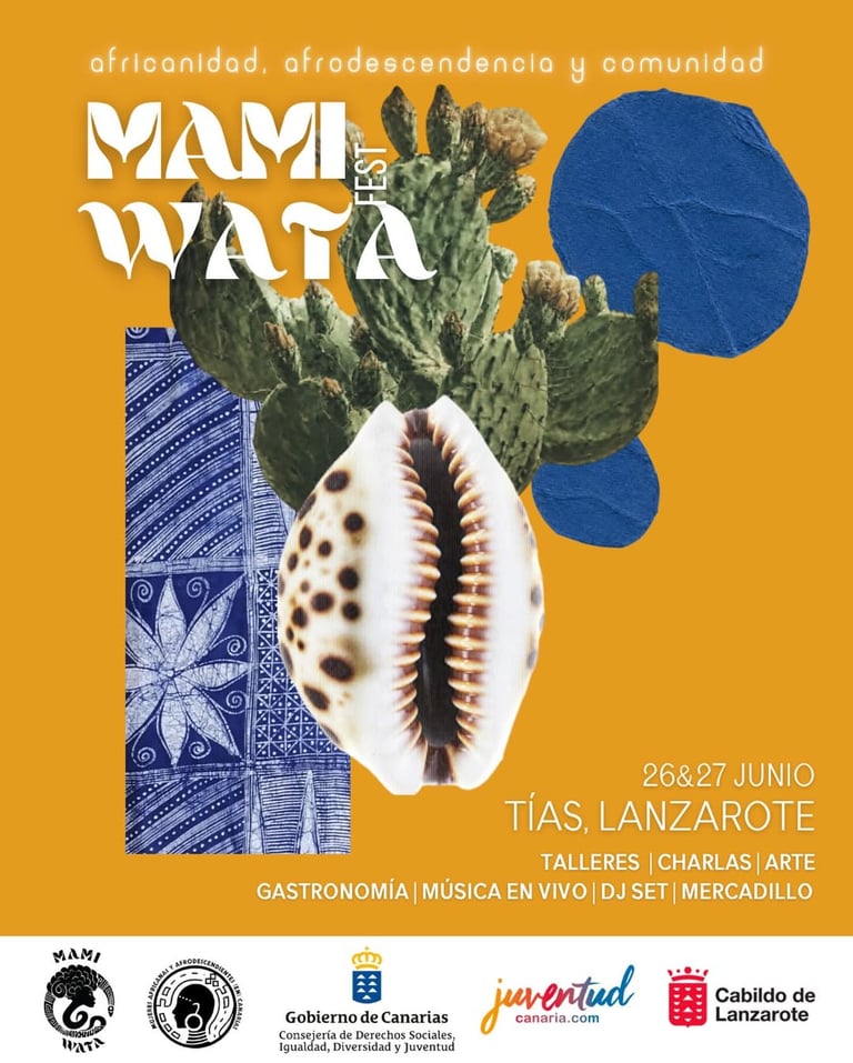 Mami Wata Fest poster in Lanzarote featuring a cowrie shell, cactus, and blue tribal textile patterns.