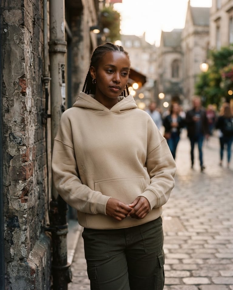 A diverse model, contemplative, wearing a premium beige hoodie, standing in an urban setting with soft, dramatic natural light, shallow depth of field, 35mm, portrait aspect.