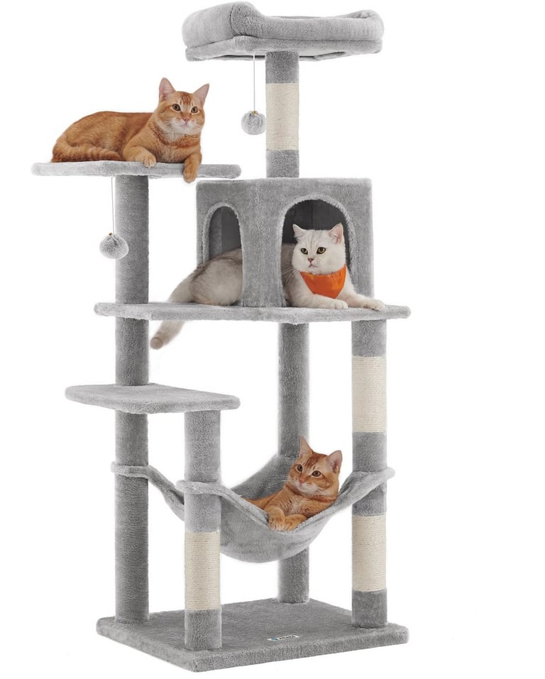 Robuuste lichtgrijze krabpaal van 143 cm met hangmat en vijf rustplateaus voor grote katten.