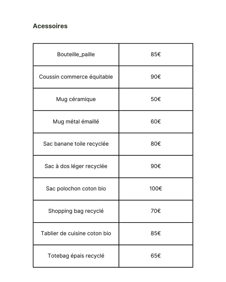 grille de tarifs pour accessoires personnalisés