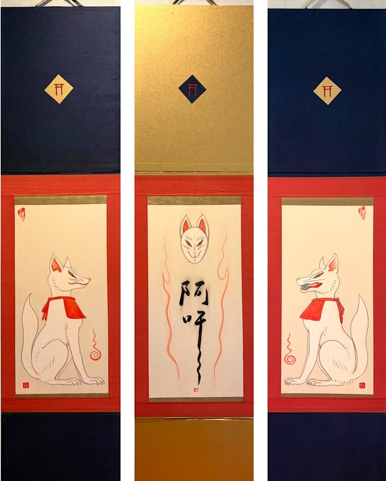 Fox-themed hanging scroll triptych titled Tōryanse — The Gate by Fumiyo Yoshikawa, inspired by Fushi