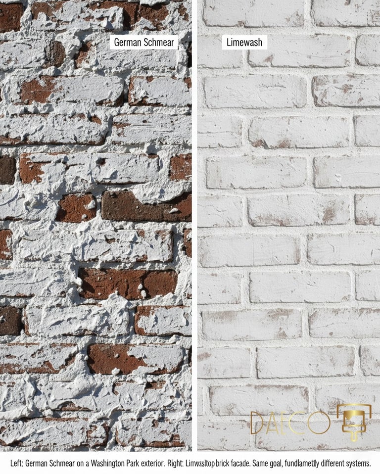 Comparison of textured German Schmear mortar on red brick versus a smooth white limewash finish.