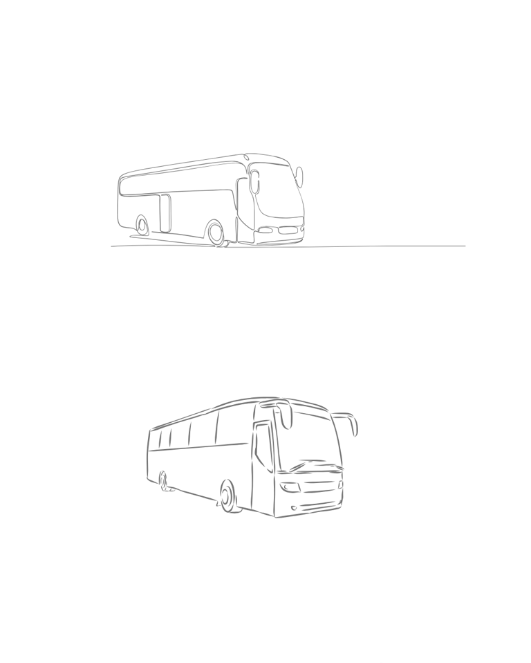 Minimalist continuous line drawing of a modern tour bus and passenger coach.