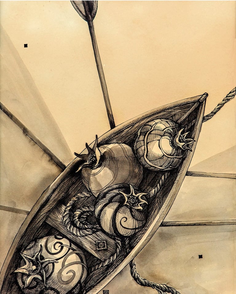 top view of a boat with pomegranates by olga tenyakova