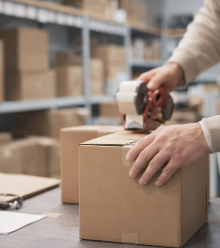Warehouse worker sealing a cardboard box for fast online order delivery in Iraq