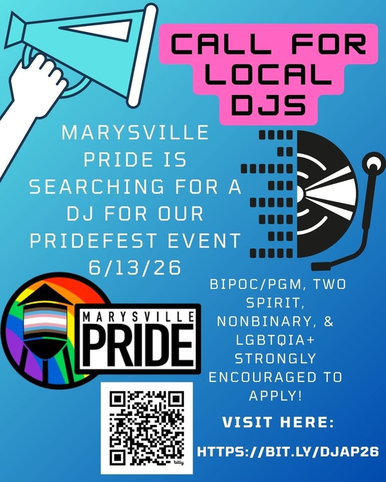 Marysville Pride flyer calling for local DJs for PrideFest on June 13, 2026.