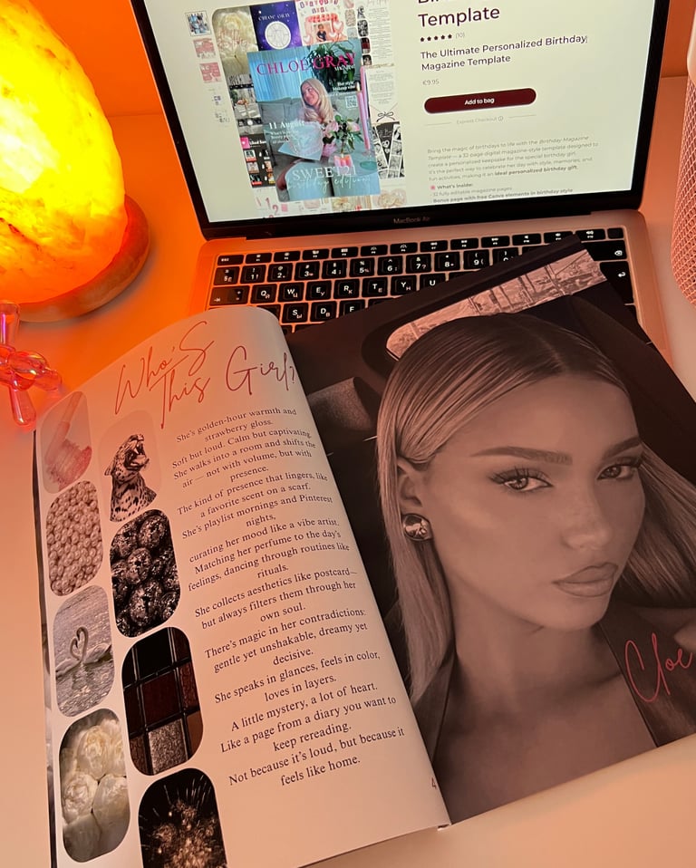 A personalized DigiKita birthday magazine template next to a physical printed copy.