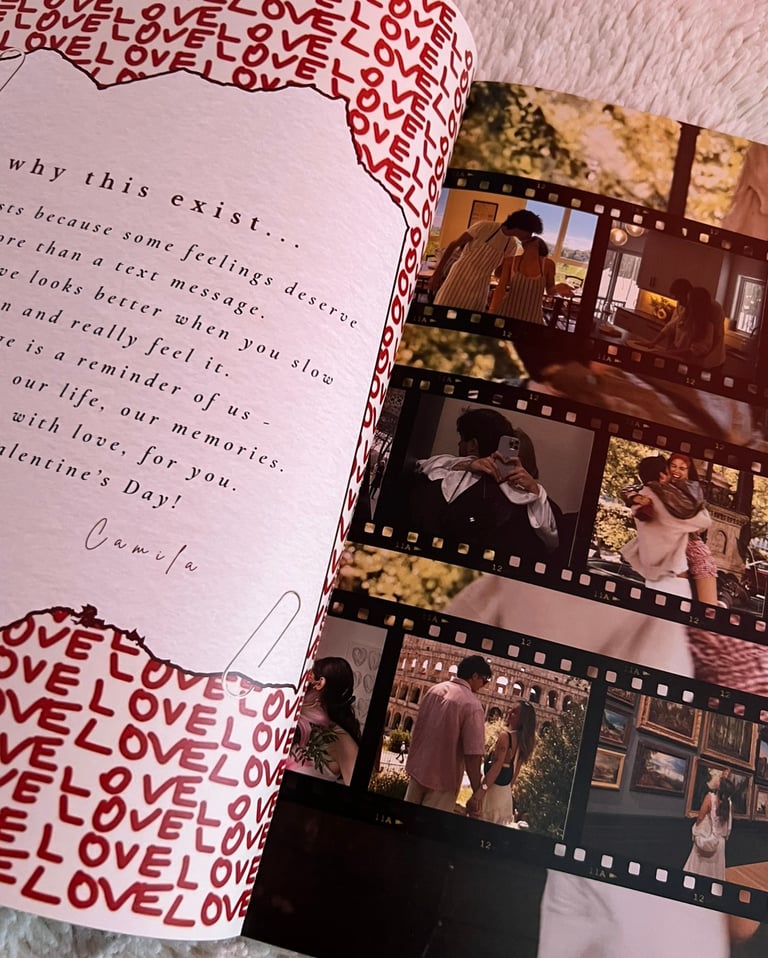 A personalized Valentine's Day magazine with love letters and film strip memories of a couple.