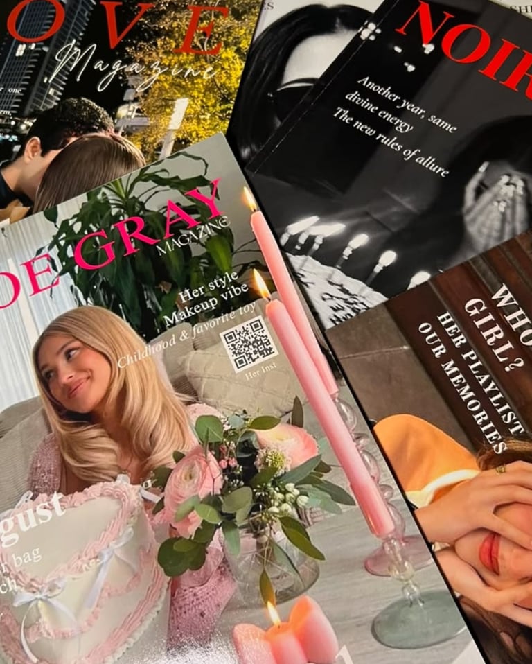 A collection of fashion magazines and aesthetic lifestyle books featuring pink candles and floral arrangements.