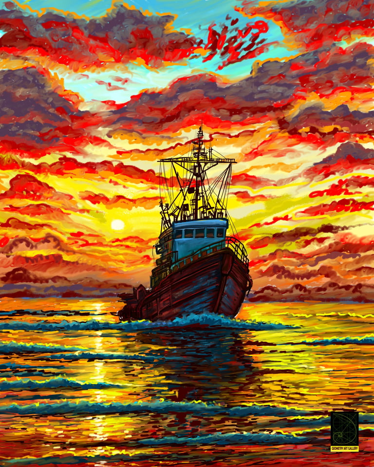 landscape painting  of sun rise with sailing boat  made using photoshop