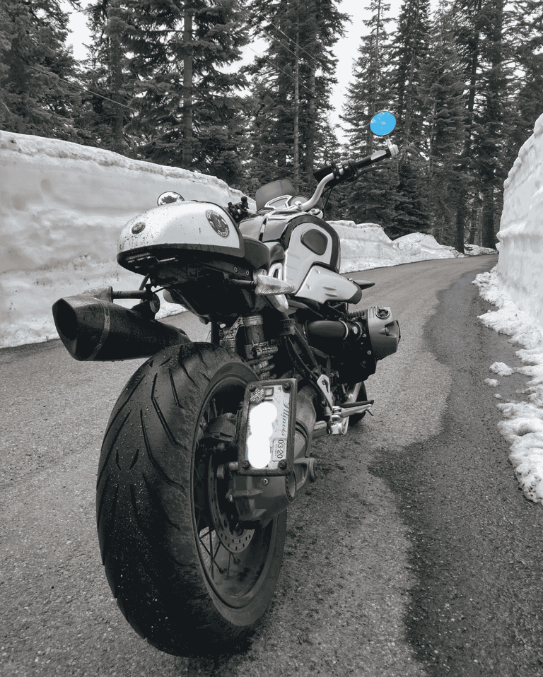 My 2014 BMW R9T in the mountains outside South Lake Tahoe in May 2019