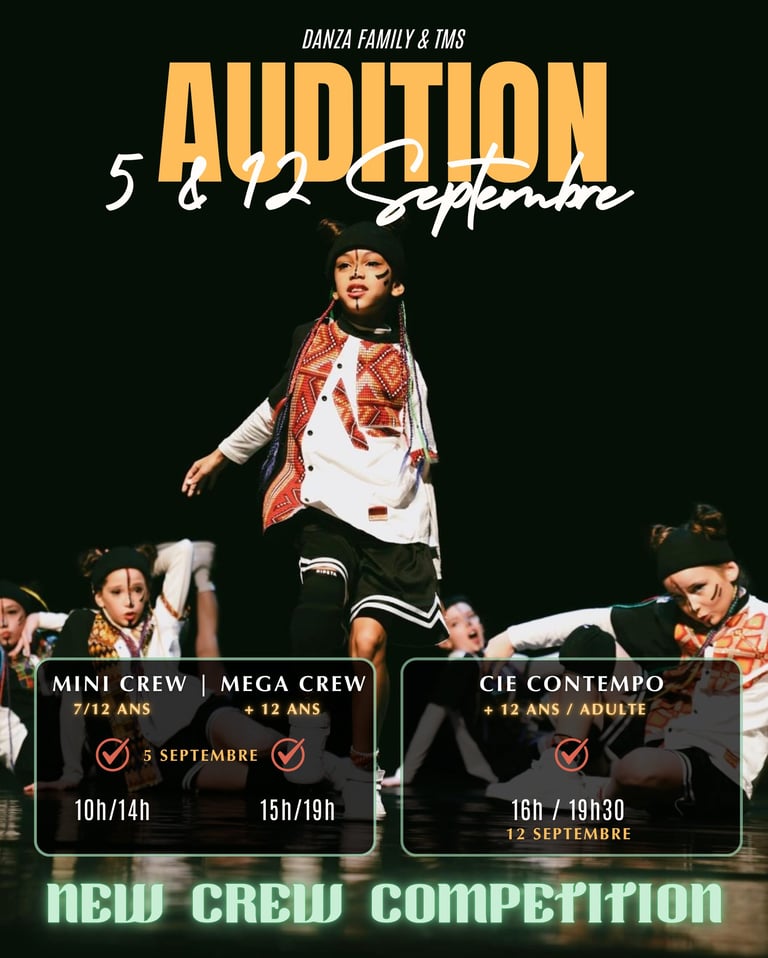 Danza Family dance crew audition flyer for hip hop and contemporary competition teams in September.