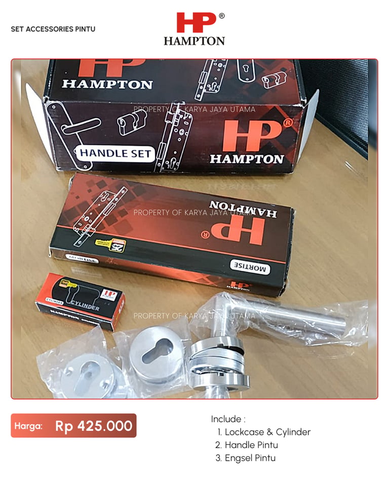 Set handle pintu, engsel, lock case merk Hampton