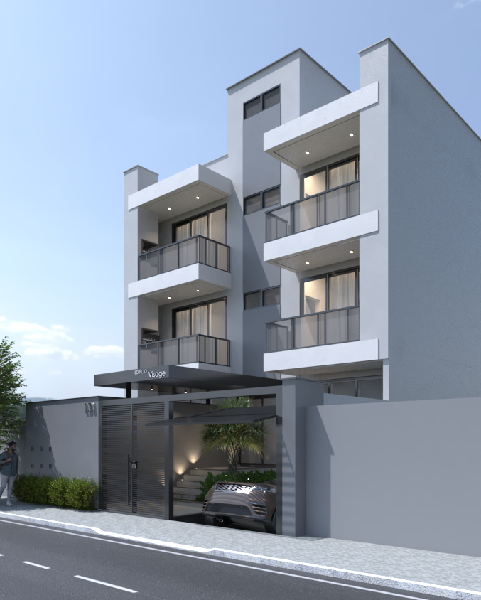 a modern apartment building with a car parked in front of it