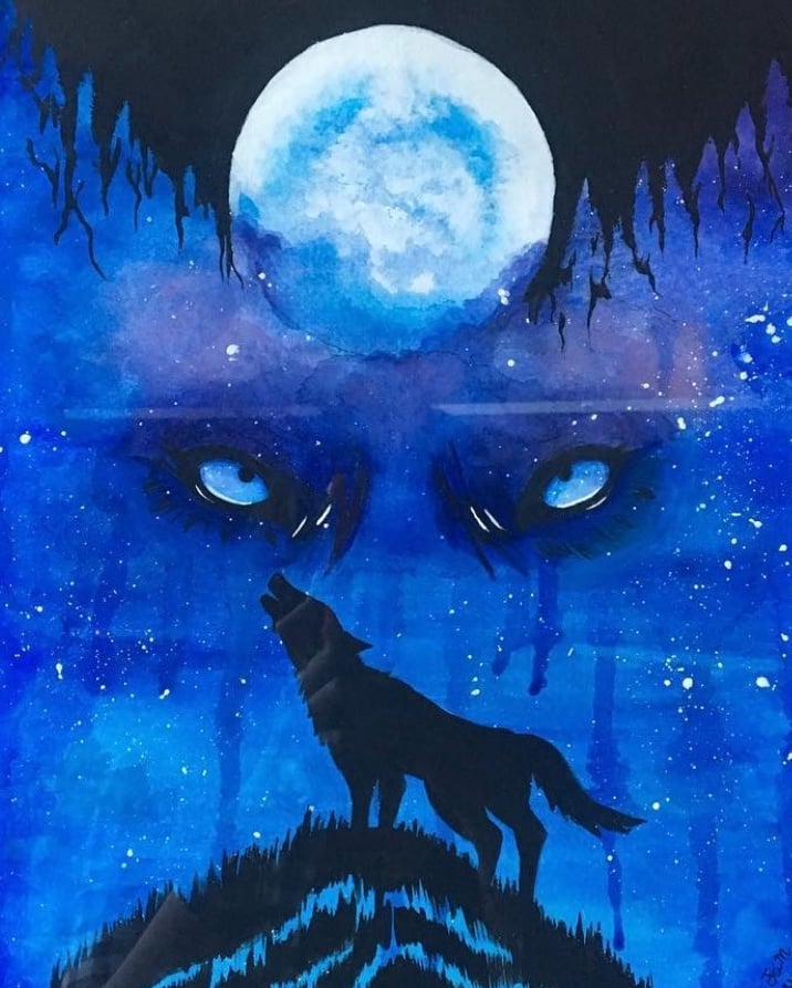a painting of a wolf in a blue sky with smoldering intense eyes glaring under the moon.