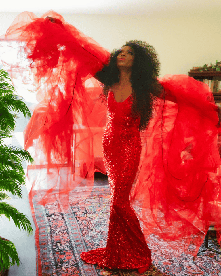 a woman in a red dress, Racquel Marshall as Diana Ross