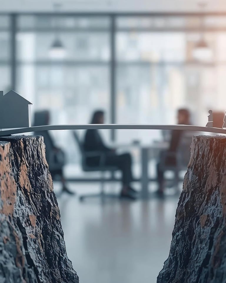 a man standing on a cliff face with a house on the other side