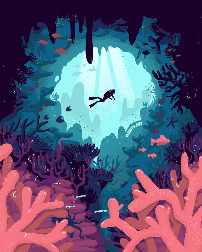 a person swimming in a deep sea with coral reefs, digital illustration