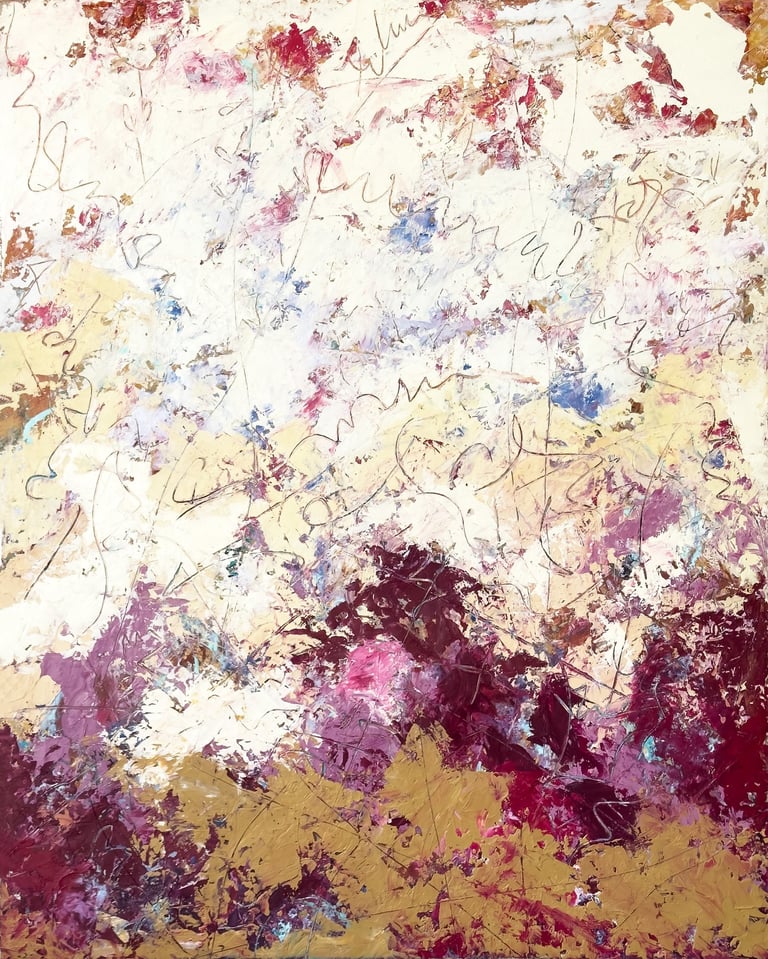 Abstract expressionist painting with textured burgundy, gold, and white palette knife strokes and script scribbles.