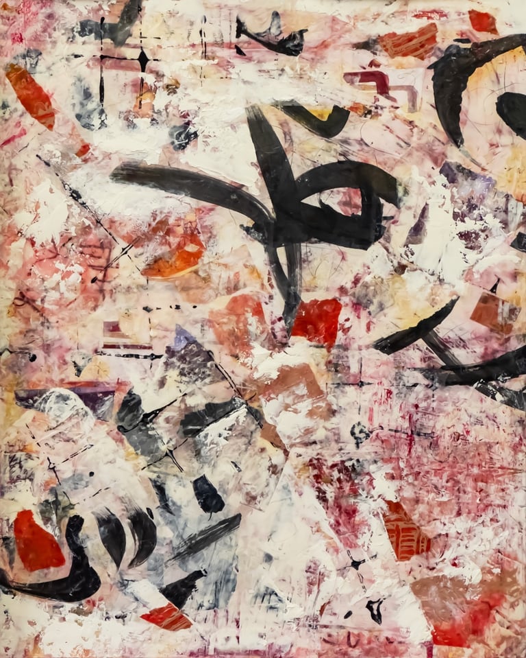 Symphony is an abstract work of art executed in oil and cold wax in colors of cream, red, and black.