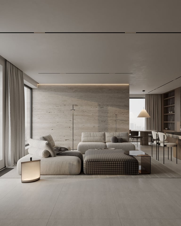 3D rendering of living room with modern furnishings, grid lighting, stone wall, beige accents, stylish and inviting.