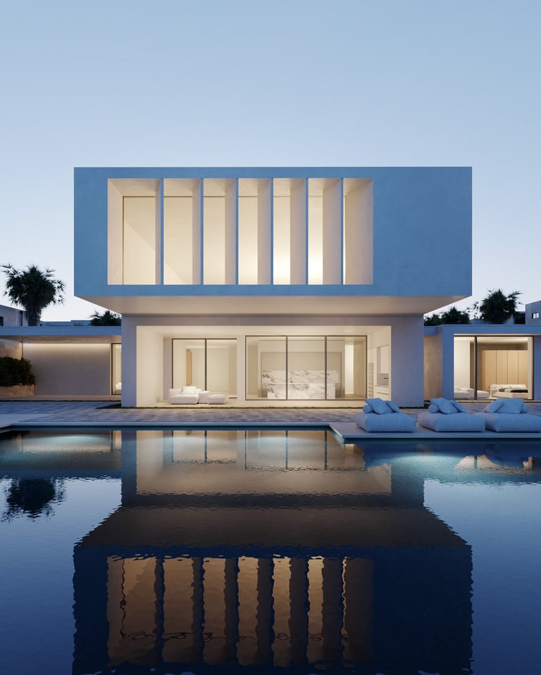 3D rendering of modern villa with minimalist architecture, large windows, clean lines, evening lighting, and sleek design.