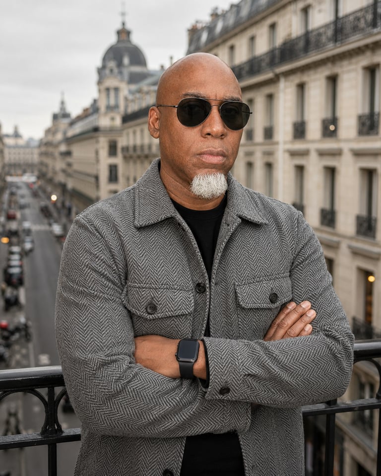 Lee A Jones wearing sunglasses standing on a balcony with arms crossed