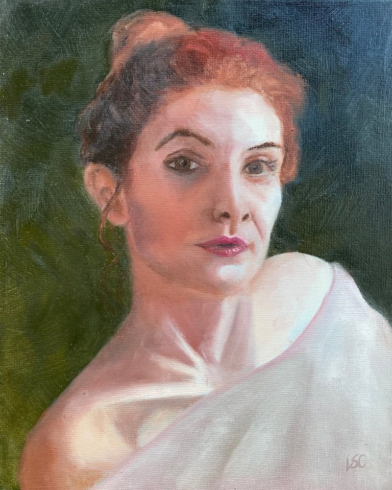 An original oil painting of a woman with pale skin and red hair looking directly at the viewer