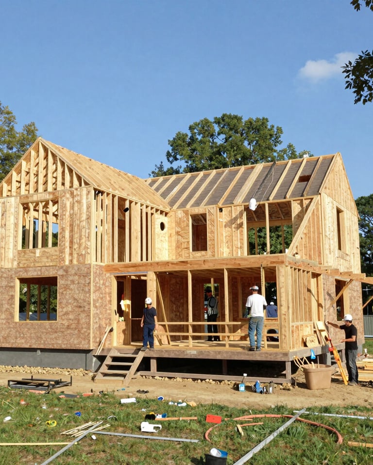 Construction team collaborating on a building site under a bright blue sky in Pennsylvania.