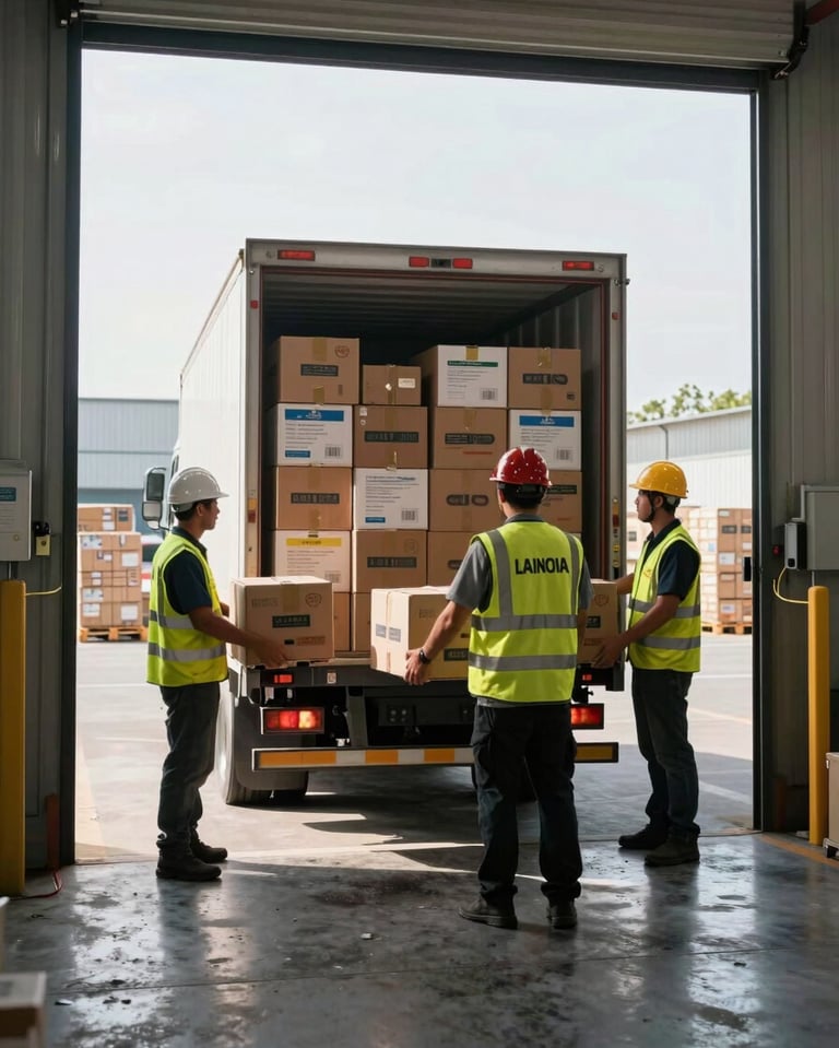 Wide shot of a loading dock with workers in safety vests loading labeled commodity boxes onto a distribution truck, bright daylight flooding through open warehouse doors, organized pallets in background