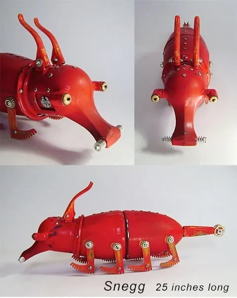 Sculpture of eight-legged creature made of found objects by assemblage artist Tal Avitzur.