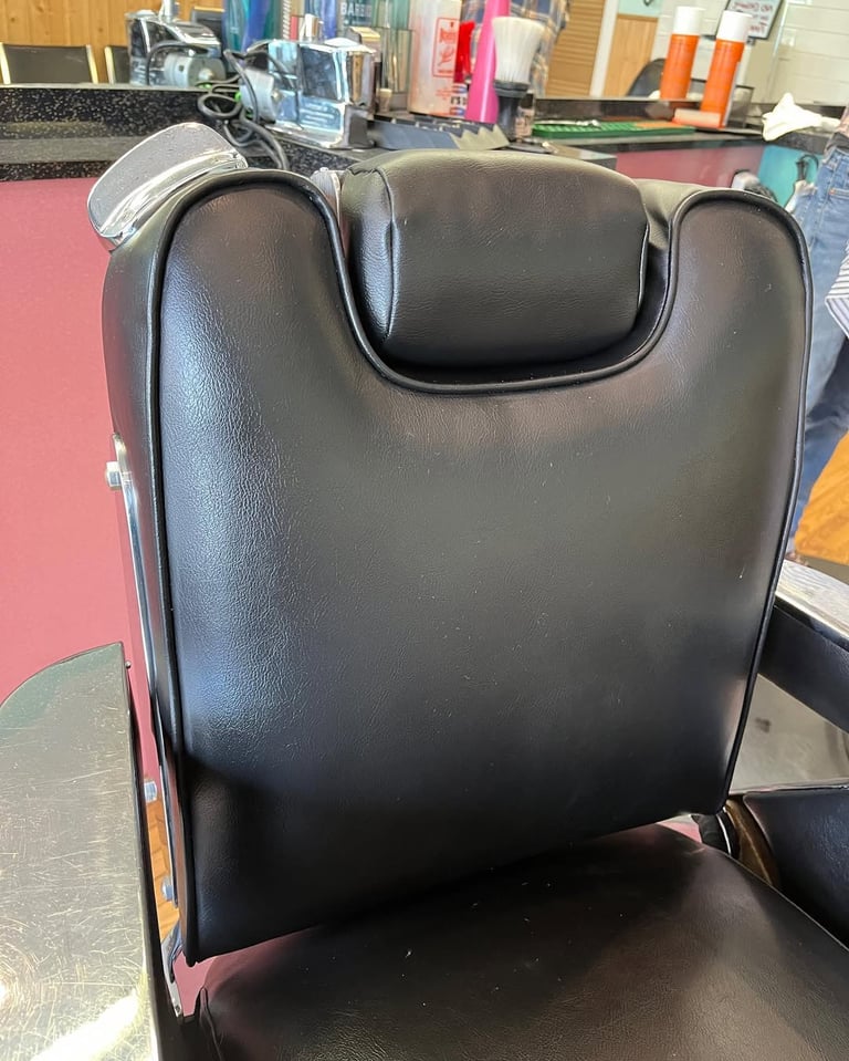 vintage Takara Belmont barber chair seat back by Luxeworths upholstery Toronto