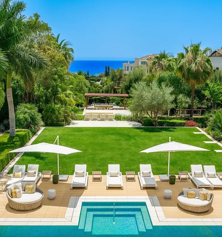 Villa Serenity garden with pool and sea views in the distance