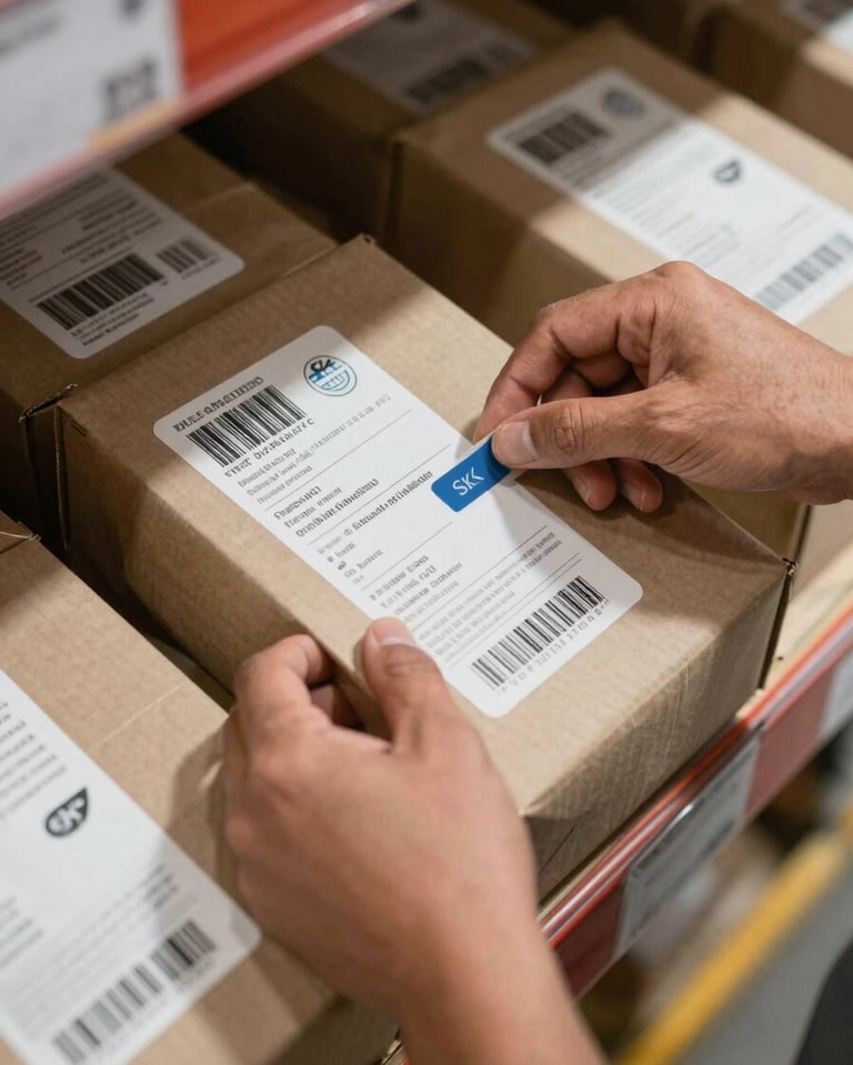 Overhead close-up of a logistics worker's hands sorting product SKUs on a warehouse shelf in natural daylight, barcoded packaging labels clearly visible, shallow depth of field pulling focus to the product organization