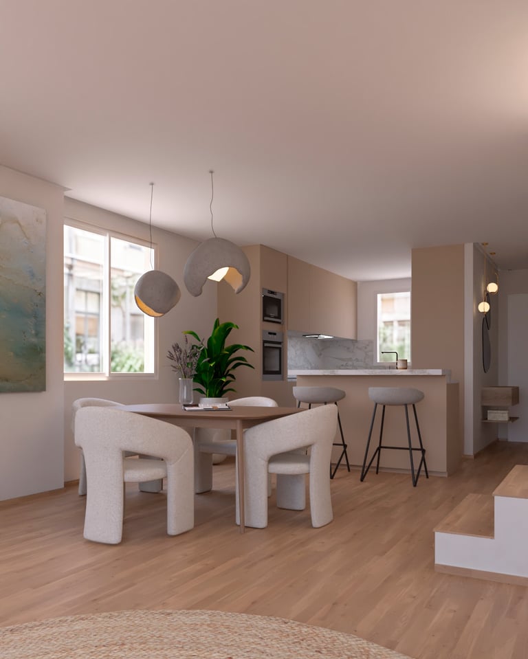 Modern open concept kitchen and dining area with round table, boucle chairs, and pendant lighting.