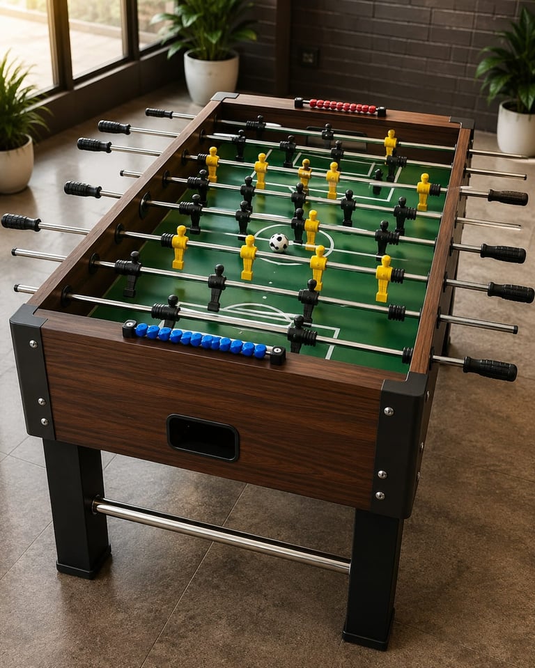 Professional wood grain foosball table with yellow and black players on a green pitch.