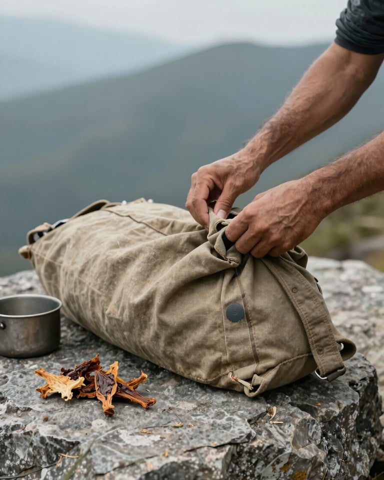 Close documentary shot, hands unpacking a worn canvas pack on a flat grey rock, dried food and a small metal pot visible, natural overcast mountain light, off-center framing, no faces, texture of weathered fabric and stone
