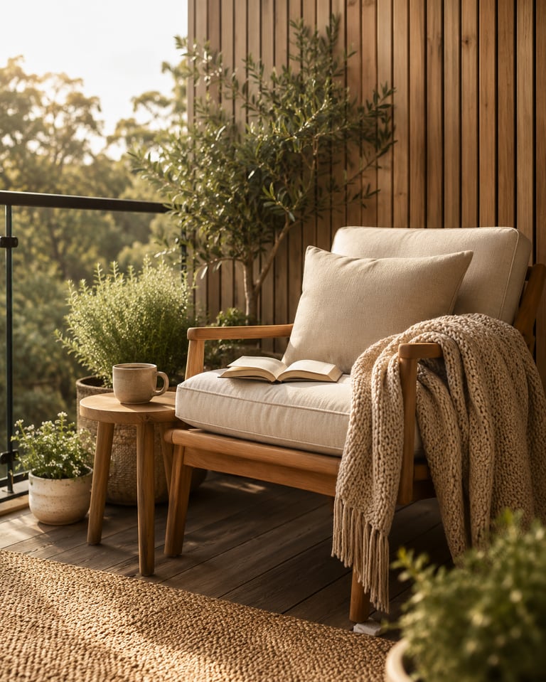 Cozy balcony with warm ambient lighting and natural wooden textures, inspired by warm European outdoor living