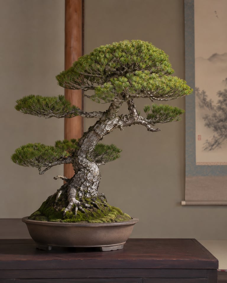 Traditional Japanese black pine bonsai tree in a ceramic pot displayed in a zen interior.