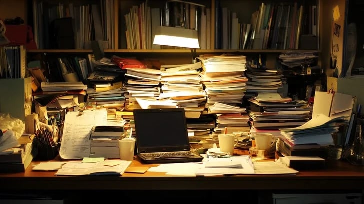 a desk piled high with vintage books, texts, papers and a vintage light shining in the middle