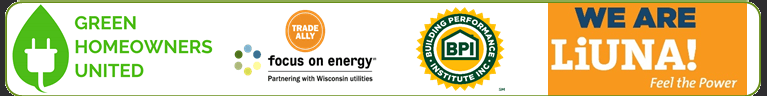 Affiliation logos for Green Homeowners United: Trade Ally, Focus on Energy, partnering with Wisconsi