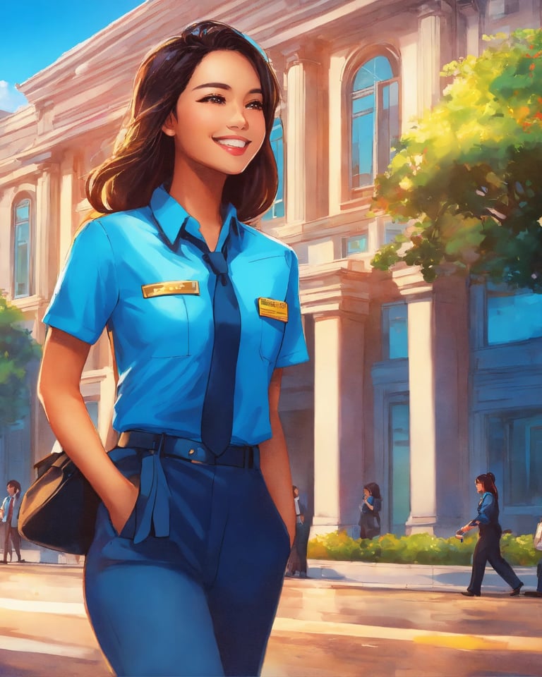 a japanese woman in uniform uniform standing in front of a building