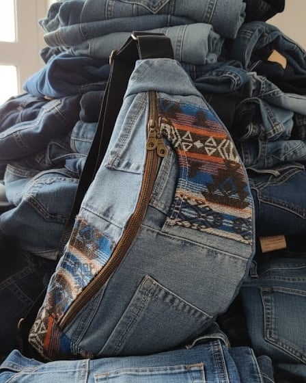 Sac banane en denim bleu et motifs colorés posé sur un tas de vêtements en jean