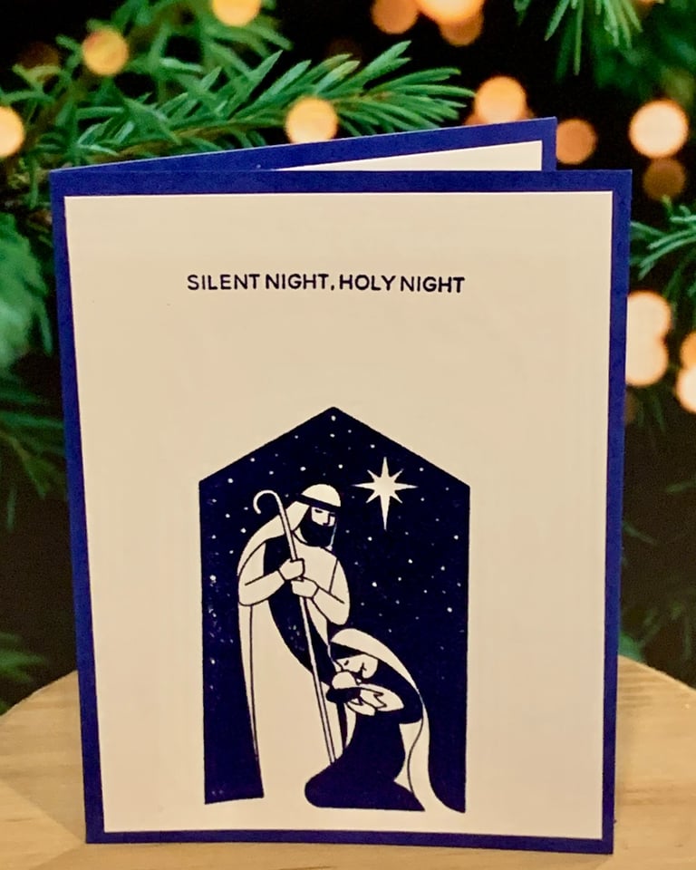 Navy and white nativity Christmas card