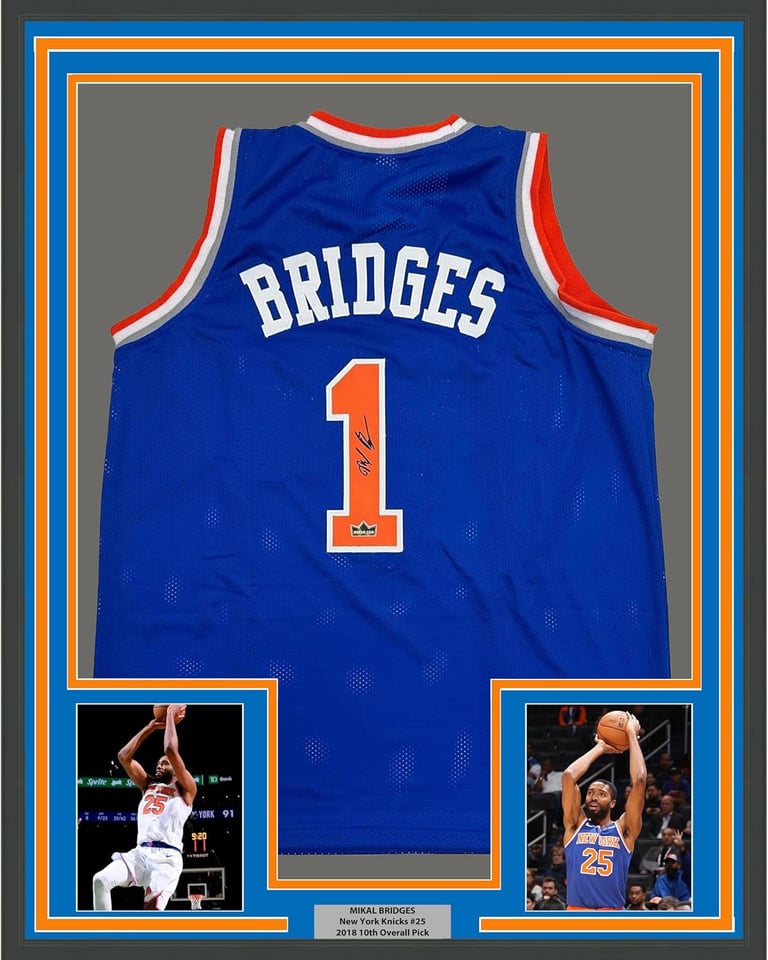 Framed Facsimile Autographed Mikal Bridges 35x39 New York Blue Reprint Laser Auto Basketball Jersey