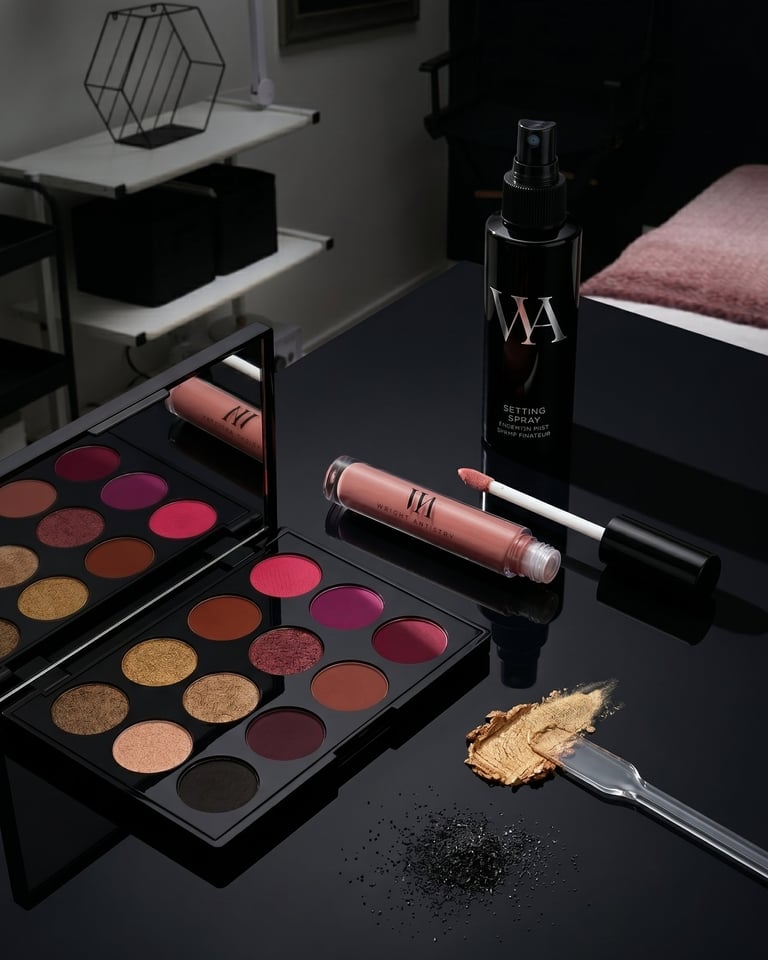 Professional eyeshadow palette with lip gloss and makeup setting spray on a black vanity table.